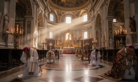 Clergy members praying in a grand cathedral with sunlight streaming through windows