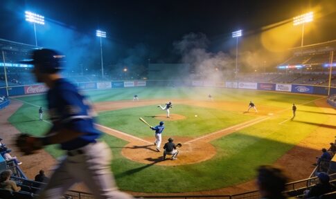 Baseball game in progress at night with players on the field