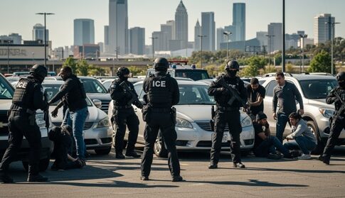 Police officers in tactical gear conducting an arrest in a parking lot