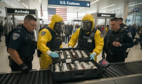 Law enforcement officers inspecting a case of potential hazardous materials at U.S. Customs