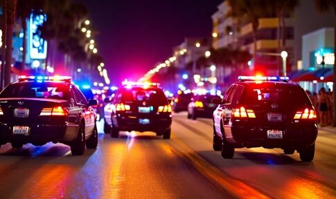 Police cars with flashing lights on a city street at night