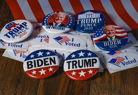 Political buttons for Biden and Trump, 2020 election.