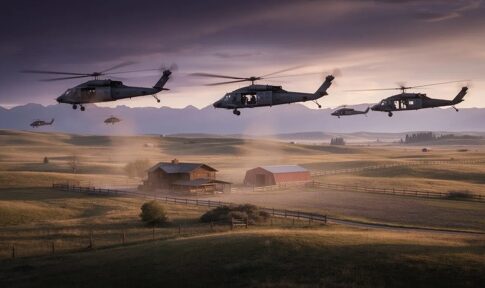 Military helicopters fly low over a rural farm at sunset
